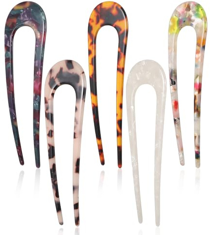 LXUEJIE 5 Pcs French Hair Pins, U-Shaped Acetate Chignon Pin French Twist Hair Pin Fork Updo Chignon HairPins Tortoise Shell U Shaped 2 Prong Hairs Sticks for Women Hairstyle Accessories
