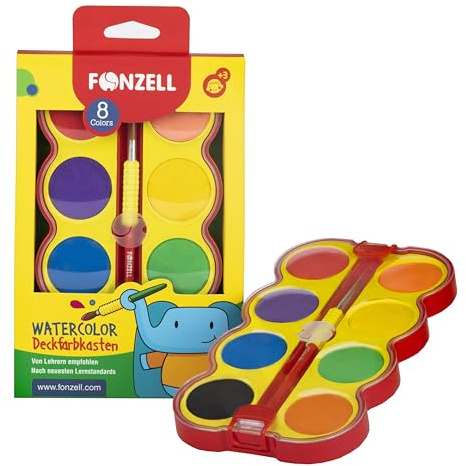 Fonzell Wasserfarben Set 8 Farben – Deckfarbkasten für Kinder ab 3 Jahren – Leuchtende & Abwaschbare Farben – Mit Pinsel & Mischpalette – CE Zertifiziert – Von Lehrern Empfohlen