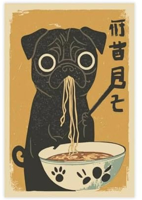 XVHOGAS Hungriger schwarzer Mops, essende Nudeln, Küchendekoration, Leinwand-Poster, Schlafzimmer, Dekoration, Landschaft, Büro, Raumdekoration, Geschenk, 20 x 30 cm