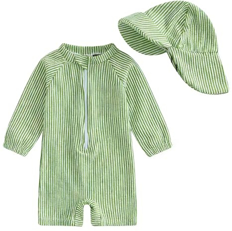 JiAmy Langarm UV Badebekleidung Baby Junge Badeanzug mit Hut Badeanzug Baby Kinder Schwimmanzug Grün gestreift 1-2 Jahre