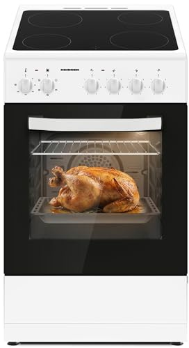 HEINNER HFSC‑S56E4VWH Elektroherd mit Glaskeramik-Kochfeld 4 Zonen, 43 L Backofen, LED-Display, Timer, vielseitige Kochfunktionen, einfach zu reinigen, modernes Weiß, 5 Jahre Garantie