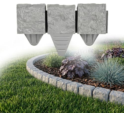 GARDENIX Bordo per prato, 2,4 m, effetto pietra, grigio, 10 x 10 x 10 cm, bordatura per aiuole in plastica, recinzione da giardino, aiuole