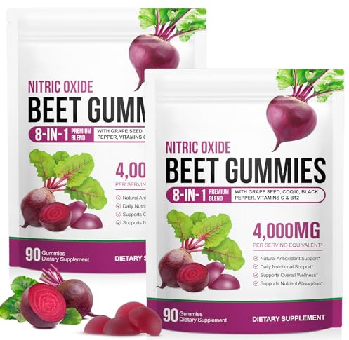 Beet Root Gummies, 2 Pack 8-in-1 Premium Blend Beet Root Extract Supplement with Grape Seed Extract, Black Pepper & Vitamin C/B12, Natural Antioxidant & Energy Levels Support, Maintain Heart Health