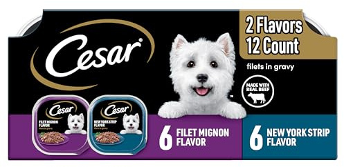 Cesar Filets in Gravy Adult Wet Dog Food Variety Pack, Filet Mignon and New York Strip Flavors, 3.5 oz. Easy Peel Dog Food Tray, 12 Count (Pack of 1)