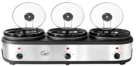 Quest 16530 3 Pot Electric Slow Cooker, Buffet Server & Food Warmer / 3 Large Sized 2.5 Litre Ceramic Pots/Lids & Lid Stands / 3 Heat Settings/Silver Stainless Steel Finish