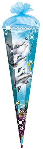 3 - D Schultüte - Delfin 70 cm 6 eckig - mit Holzspitze/Filzabschluß und Glitzer - Zuckertüte Roth Delfine Fisch Unterwasser Fische Wasser