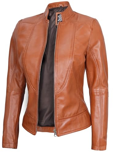 Blingsoul Lederjacke für Damen, Cafe Racer, echtes Lammfell, Damen-Lederjacke, Amy – Hellbraune Jacke, XXL