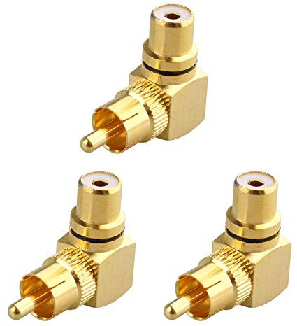 Jopto 3PCS RCA Male to RCA Female 90 Degree Right Angle Plug Adapter Gold Plated Metal Copper L shape Connector M/F Gold-Plated Converter Audio AV RCA Plug Extender Gold Tone