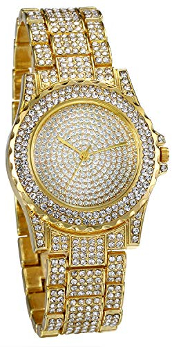 JewelryWe Montre pour Homme Cadran Rond en Diamant Complet Montre-Bracelet à Quartz avec Bracelet (Or)