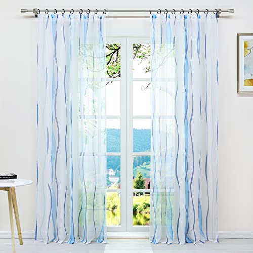 ESLIR Gardinen mit Kräuselband Vorhänge Gardinenschals Transparent Schlaufenschal Wellen Muster Voile Blau BxH 140x145cm 1 Stück
