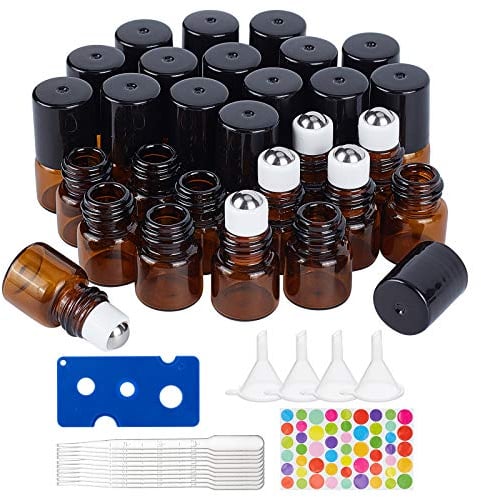 BENECREAT 30 Packung 1ml Bernsteinglas Rollflasche mit schwarzer Kappe Mini ätherisches Öl Roll on Flasche mit 4 PCS Trichtern, 1 PC Öffner, 10 PCS Tropfer und 1 Blatt Etikett für ätherisches