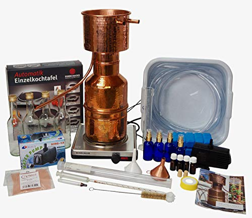 CopperGarden Destille LEONARDO 2 Liter | Sorgenfrei Paket mit Zubehör | Auspacken und Destillieren | Inklusive Pumpe, Kochplatte etc. | Kräuter Brennerei f. Hydrolate & ätherische Öle