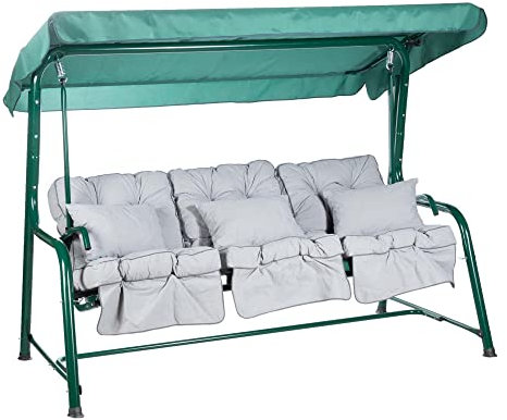 Alfresia Turin 3-Seater Reclining Swing Seat – Multipurpose Garden Sofa into Sunbed, Steel Green Frame, Polyester Canopy, Weather Resistant, Outdoor Classic Cushions Included (Grey)