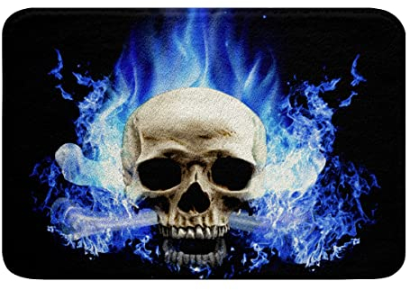Totenkopf Badteppiche Blau Unheimlich Zuckerschädel Skelett rutschfest Badezimmerteppich Wasser absorbierende Badematte 50x80cm für Wanne Dusche Kinder Erwachsene gotisch Knochendeko Badvorleger