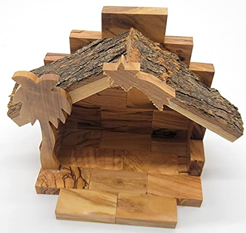 Olivenholz Krippenstall – 11,4 x 9,4 x 15,2 cm – natürliches Rindendach | handgefertigt aus Bethlehem Olivenholz NAT106