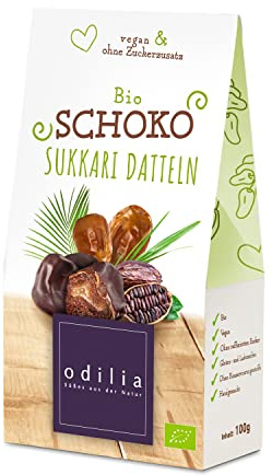 Odilia Bio Schoko Sukkari Datteln 100g in zarter Schokolade | Vegane & glutenfreie Nascherei | Ohne raffinierten Zucker | Mit Datteln gesüßt | Made in Germany