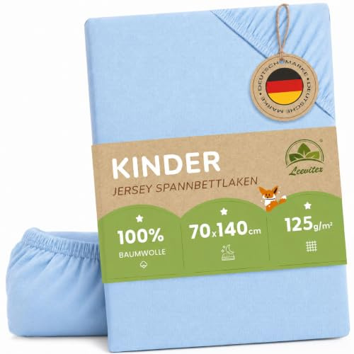 leevitex Kinder Spannbettlaken, 70x140cm, Für Babybett & Kinderbett, 1er Set, 100% hochwertige Mako-Jersey-Baumwolle, Hellblau/Himmelblau