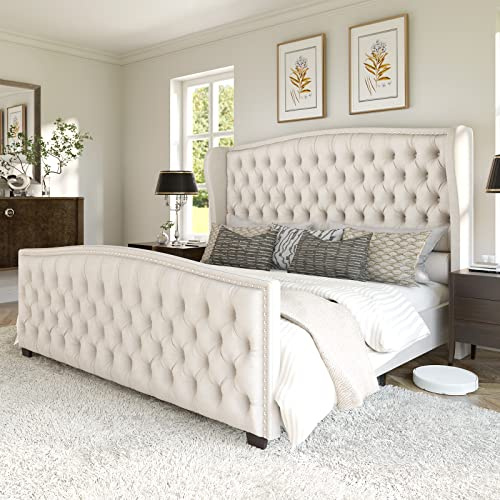 Amerlife Queen-Size-Plattform-Bettgestell, Samt-Polsterbett mit tiefen Knöpfen, getuftet und Nagelkopfbesatz, Flügelrücken-Kopfteil, kein Boxspringbett nötig, cremefarben