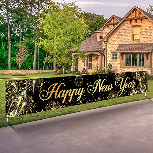 Happy New Year Banner Outdoor, Schwarz und Gold 2025 Neujahr Party Dekoration, Silvester Deko 2025 Banner für Neujahrsdeko, Silvesterpartydeko Garten Wand Drinnen Draußen