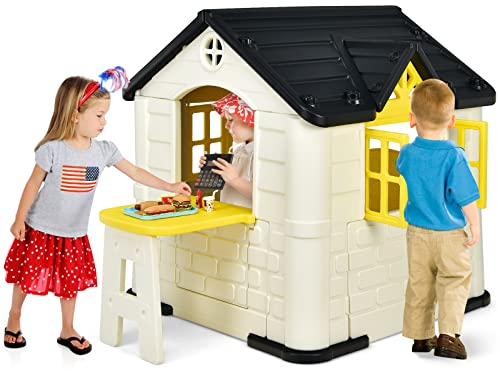 RELAX4LIFE Casetta per Bambini da Esterno con 2 Porte e Finestre, 1 Vassoio e 7 Snack Giocattolo, Copertura Impermeabile, Tavolo da Picnic per Bambini 3-8 anni, 164x124x132 cm