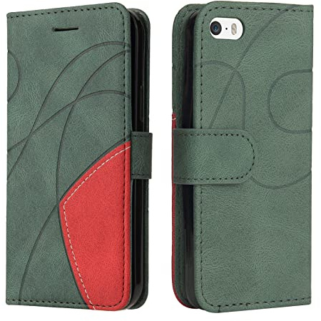 Fatcatparadise Compatible with iPhone 5/5S/SE 2016 (4.0 Inch) Case, Leather PU Wallet Mobile Phone Case Flip Case Bumper Protective Flip Case Leather Case with Card Slots and Stand Function (Green)