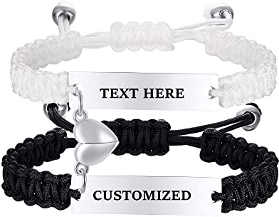 TempBeau Personalisiertes Paare Armbänder Schwarz Armband : Freundschaft Geflochten Armband Einstellbar mit Edelstahl Herz für Männer Frauen Freund Pärchen