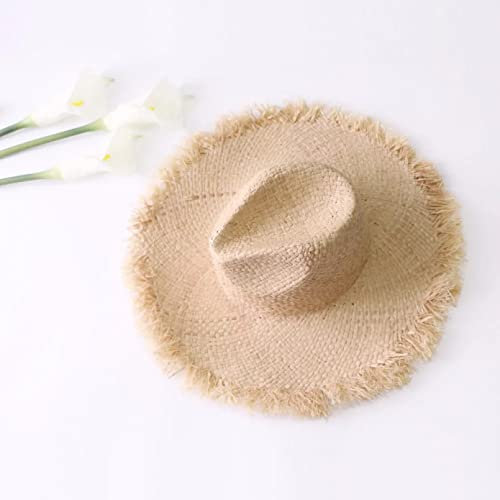 Damen Hut Outdoor Beschattung Bast Strohhut mit breiter Krempe für Sommer Fransen Strandmütze und geflochtener Kreis Sonnenschutz tolle