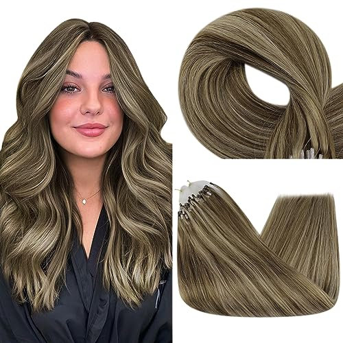 Fshine Echthaar Extensions Microring Mittelbraun Highlight Honigblond Extensions Microring Echthaar 35cm 50g Micro Loop Haarextension 1g/s Farbe 4P27