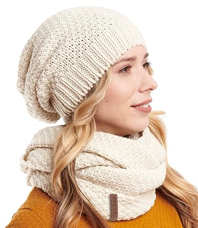 Hilltop Winter Kombi 2er Set aus Winter Schal und passender Strickmütze, Winter Set:Beige