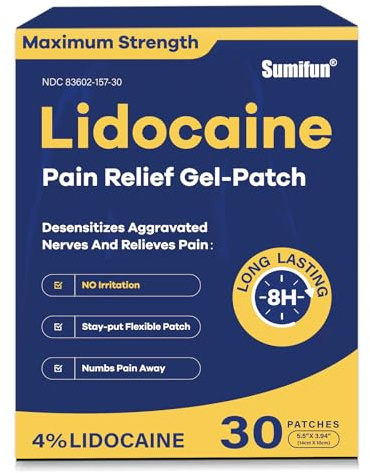 Sumifun 4% Lidocaine Pain Relief Patches 30 Count Maximum Strength Numbing Gel Patch for Back Knee Neck Joint Ache Muscle Soreness Topical Analgesic