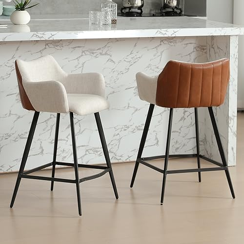 Wahson Taburetes de Bar de Lino Juego de 2 Sillas de Barra de Cocina Moderna,Sillas Altas de Mostrador con Respaldo Único para Hogar/Restaurante,Beige