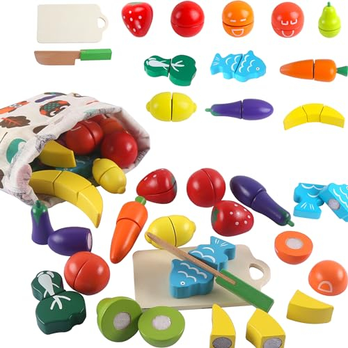 huruirui Jouets Cuisine Enfant en Bois,Couper Jouet Fruit et Legumes Enfants Ensembles de Jouets,Enfants Cuisine Jouet Aliments Accessoires, 2 Ans Cadeau Anniversaire Pâques Halloween Noël