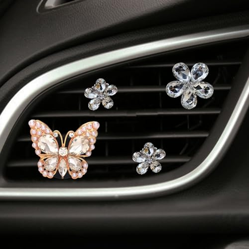 YOYLMAL 4 Stück Bling Schmetterling & Gänseblümchen Auto Lufterfrischer Lüftungsclips mit Duftpads Niedlich Kristall Strass Auto Klimaanlage Vent Charm Innendekoration Zubehör (Weiß)