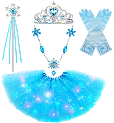 Toyssa Leuchtende Elsa Kostüm Mädchen Eiskönigin Prinzessin Zubehör Set mit Tüllrock Halskette Krone Zauberstab Handschuhe, Frozen LED Kostüm für Kinder Karneval Halloween