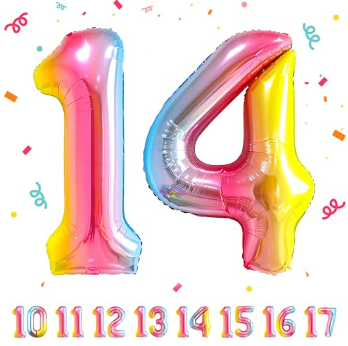 Geburtstag zahlen luftballon 14 | Regenbogen Folienballon 14 XXL -Riesen Folienballon in 40 - 101cm Geburtstagsdeko - Ballon Zahl Deko zum Geburtstag .Fliegt mit Helium