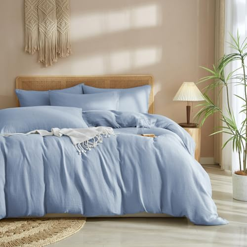 Luofanfei Baumwolle Muslin Bettwäsche 135x200 Blau Hellblau Renforce Uni Sommer Kühlende Bettwäsche Set Einfarbig Weiche Bettbezug Knitterlook Bügelfrei mit Reißverschluss und Kissenbezug 80x80cm