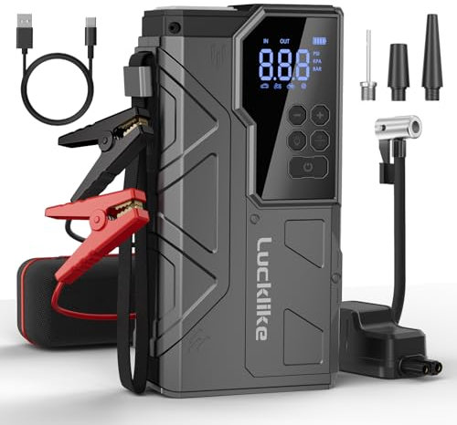 Lucklike Starthilfe Powerbank mit Luftkompressor,4000A Auto Starthilfe mit LED-Taschenlampe,Autobatterie Booster für 10.0l und 8.0L Dieselmotor,Auto Starthilfe Powerbank für SUV Motorrad Rasenmäher
