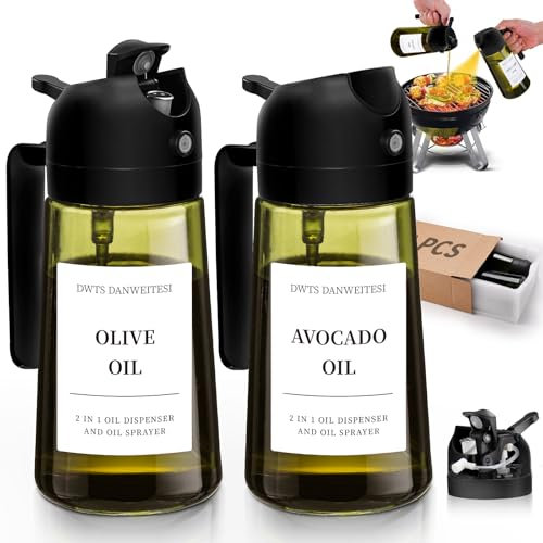 Pulverizador de aceite para cocinar, 2 unidades, dispensador de aceite 2 en 1 y pulverizador de aceite, utensilios de cocina, botella de vidrio verde oscuro de 16 onzas (bloqueo de luz), dispensador