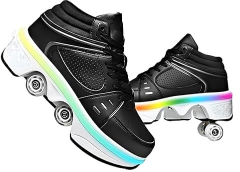 Pinkskattings@ Damen Und Mädchen Rollschuhe ，Schuhe Mit Rollen fuir Jungen Und Herren,Sneakers und Rollen Skate Shoes 2-in-1，Kinderschuhe Skateboard Schuhe (Black, EU34)