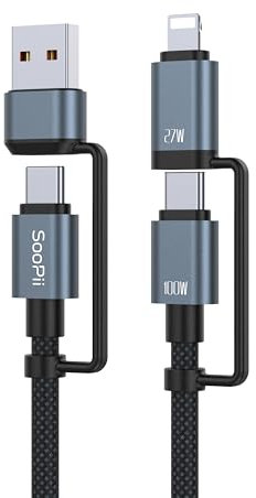 SOOPII 100W 6.6FT Multi USB C Charging Cable, 4 in 1 USB C to USB C Fast Charger Cable,Nylon Braided Type C Cable for Phones,Tablets,Laptops and More (Black)