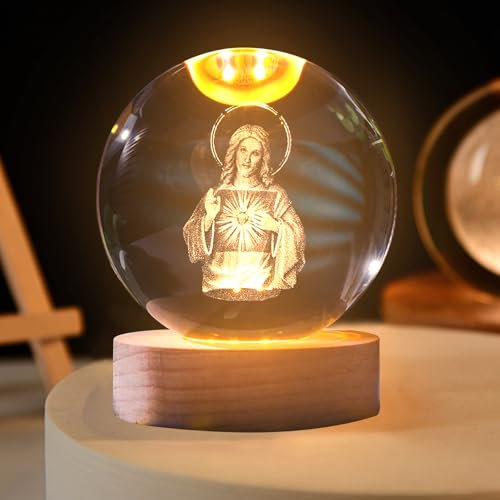Kristallkugel Nachtlicht, Betende 3D-glaskugel Mit Holzsockel,weihnachtsdeko Glaskugel Lampe, Jesus-Kreuz-Moon-Planeten, Religiöse Geschenke Für Die Inneneinrichtung (Unsere Liebe Frau)