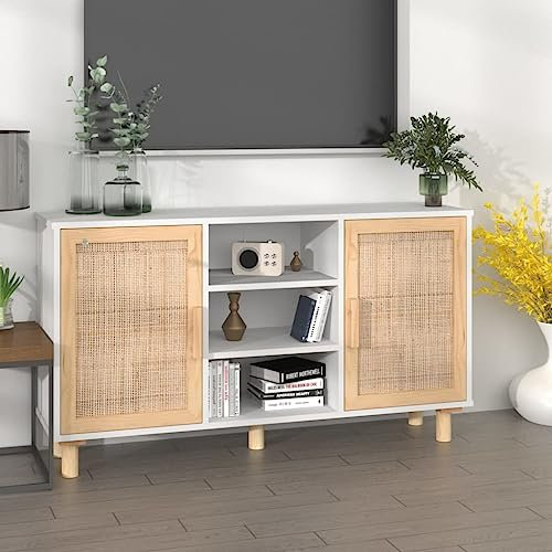KLYEON Sideboard Weiß 105x30x60 cm Massivholz Kiefer und Natur-Rattan,Elegante Wohnzimmerschrank Kommode, Weiß, mit viel Stauraum und Beinen aus massivem Kiefernholz Diele & Flur Möbel
