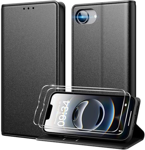 Peakally Handyhülle für iPhone 16e Hülle [Mit 2 Stück Panzer Schutz Glas] [Premium PU Leder] [RFID-Blockierung] [Kartenfach] [Ständer] Klapphülle Kompatibel mit iPhone 16e 2025 - Schwarz