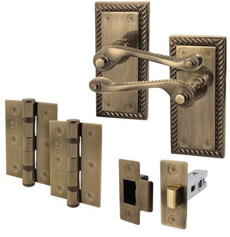 EAI Antique Brass Georgian Scroll Door Handle Latch Set - 1 Pair Internal Handles, Hinges (76mm) & Latch (64mm) - Rope Design