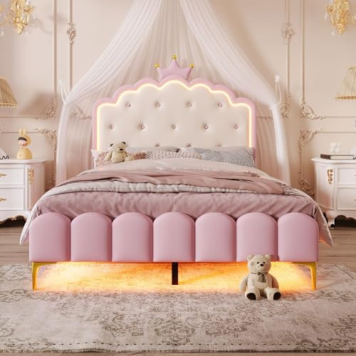 Merax Kinderbett 140x200, Polsterbett für Mädchen Doppelbett mit Kronprinzessinnenform Kopfteil, 16 Farben LED-Streifen, aus PU-Leder Bettrahmen mit Lattenrost(ohne Matratze), Rosa
