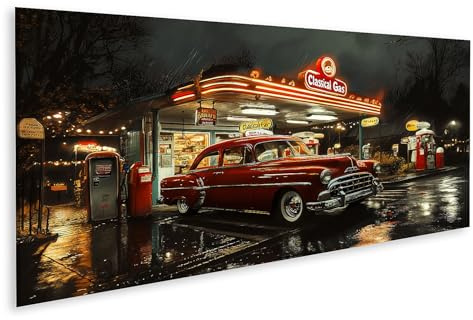 islandburner Bild auf Leinwand Klassische Tankstelle bei Nacht mit rotem Oldtimer für Wohnzimmer Oldtimerliebhaber Kunst Bilder Wandbilder Poster