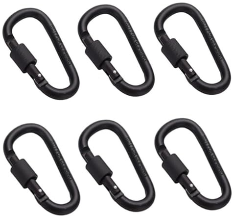 Granmagazz 6 Pezzi Moschettone in lega di alluminio, Moschettone multifunzione, Moschettone con chiusura a vite, Nero, D Forma, 7.5x4 cm, Per attività all'aria aperta e viaggi