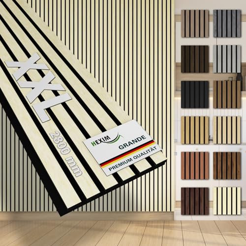 HEXIM Akustikpaneele 4 Stück 280x30cm Holz Grande - XXL Wandpaneele Platten Lamellen Holzpaneele Echtholzfurnier 21mm Filz Schalldämmung MDF Elfenbein (3,37m² Light Ash)