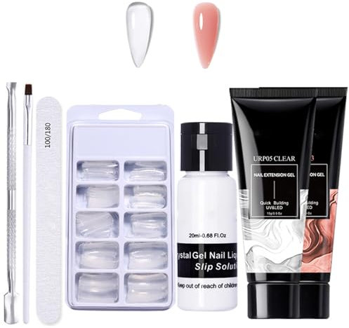 HERBINSOLS Polygel Nail Kit - Clear & Nude Polygel Builder Gel With Slip Solution & Manicure Tools - Poly Builder Gel For Nails Strengthener Starter Kit
