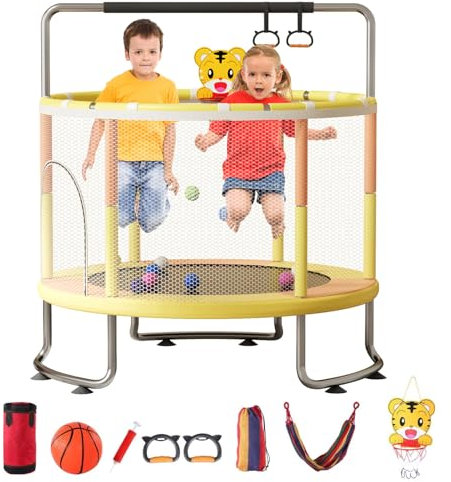 5FT Kids Trampoline with Safety Enclosure Net, Adjustable Toddler Trampoline with Basketball Hoop, Swing & Ocean Balls for Children Ages 1-6 Years Outdoor Indoor Trampolines Kids Gift (Orange Yellow)